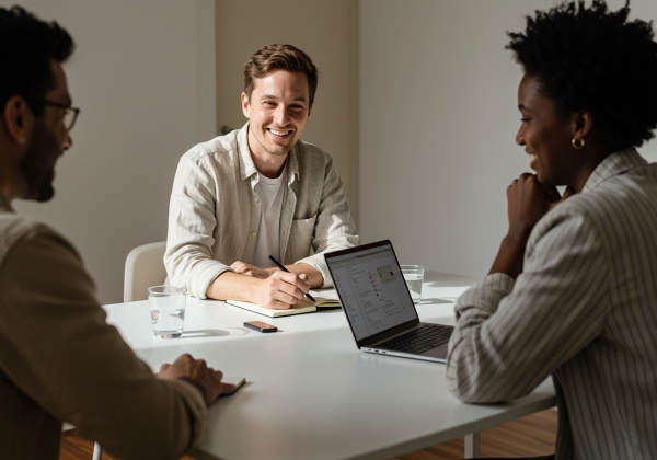 Team members discussing marketing strategies in a collaborative environment